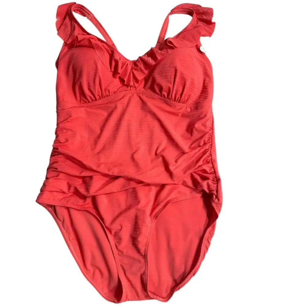 Artesands Aria Manet One Piece in Coral Plus Sz 20 Ruched V-neckline Swimsuit